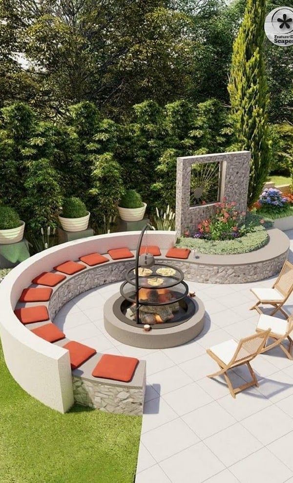 There is a fire pit in the middle of the patio.