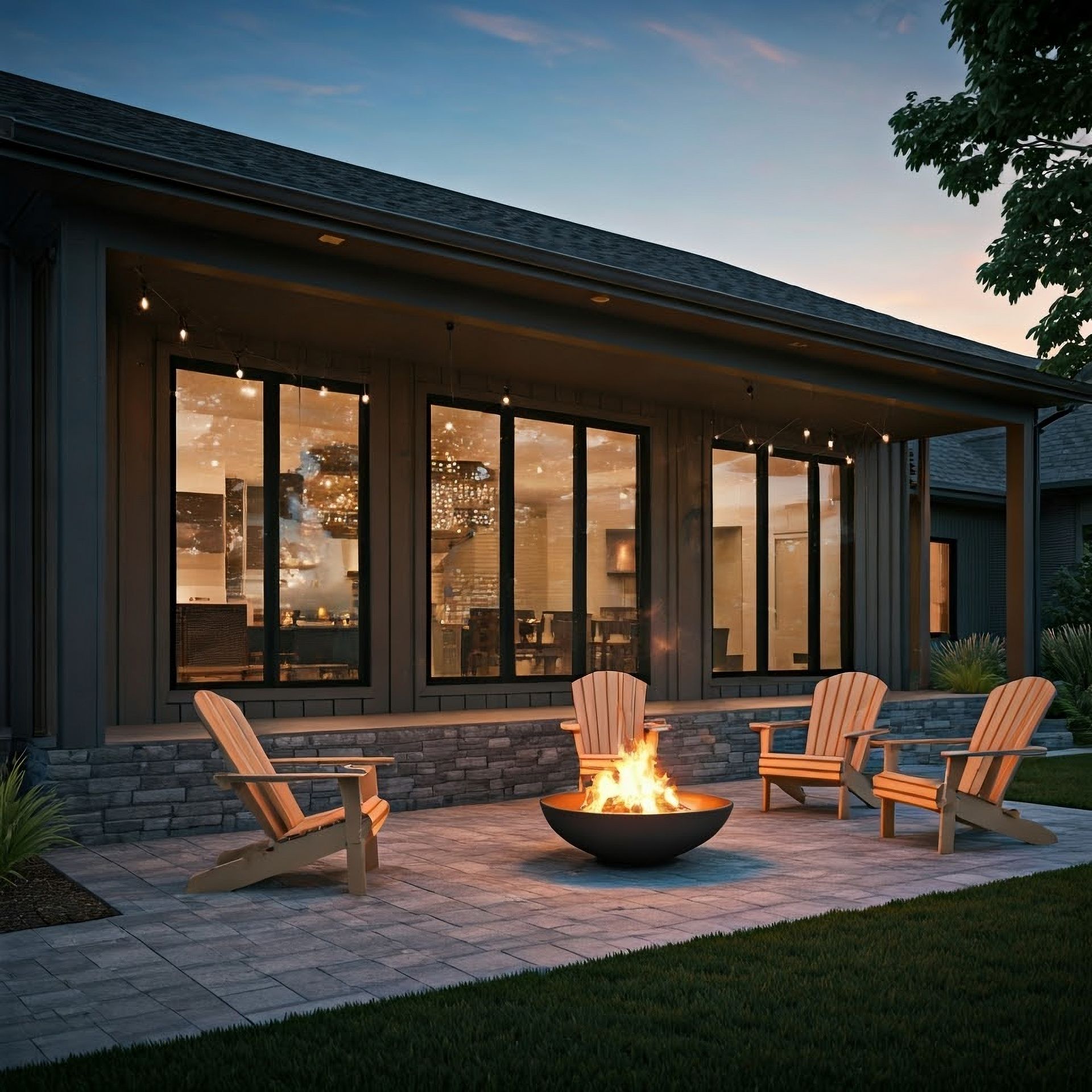 There is a fire pit in the middle of the patio.