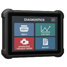 Diagnostic scanner displaying four options: OBD II, Live Data, Diagnostic Trouble Codes, and Report | I-75 Auto Repair and Towing