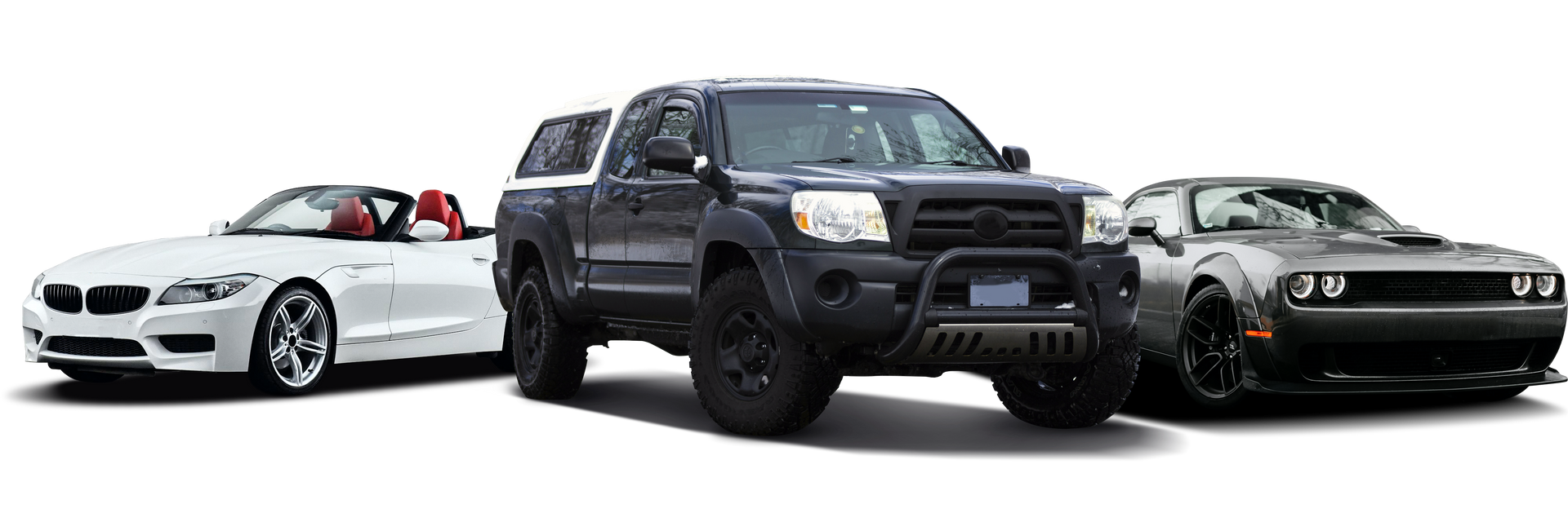 A white convertible, black truck, and gray muscle car side by side against a white background | I-75 Auto Repair and Towing