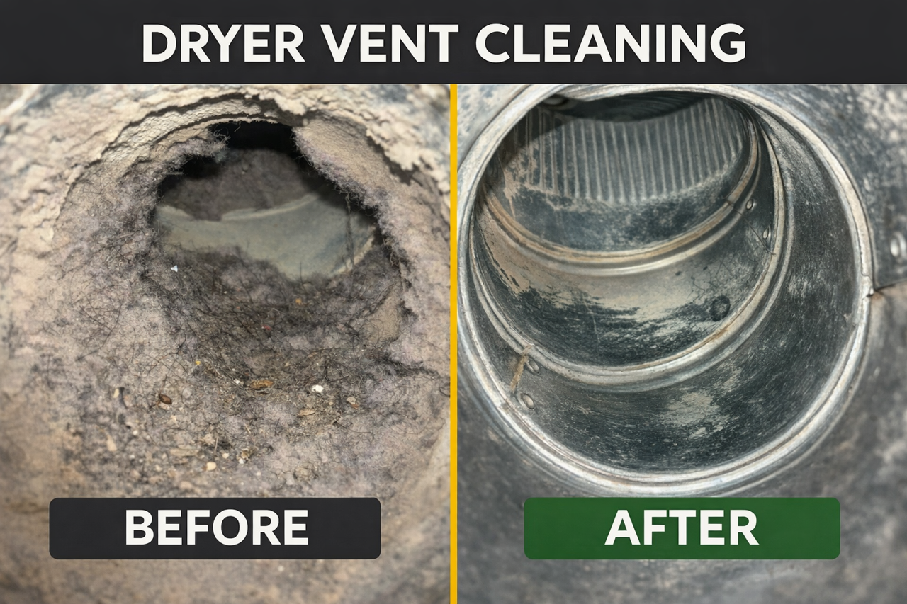 Before and after image of a dryer vent with lint removed