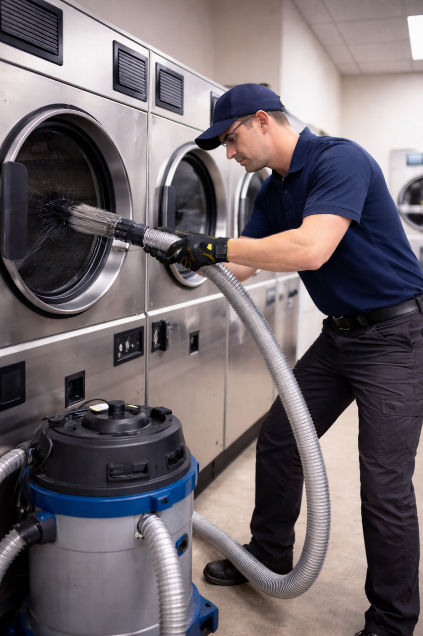 Technician performing dryer cent cleaning at a commercial property