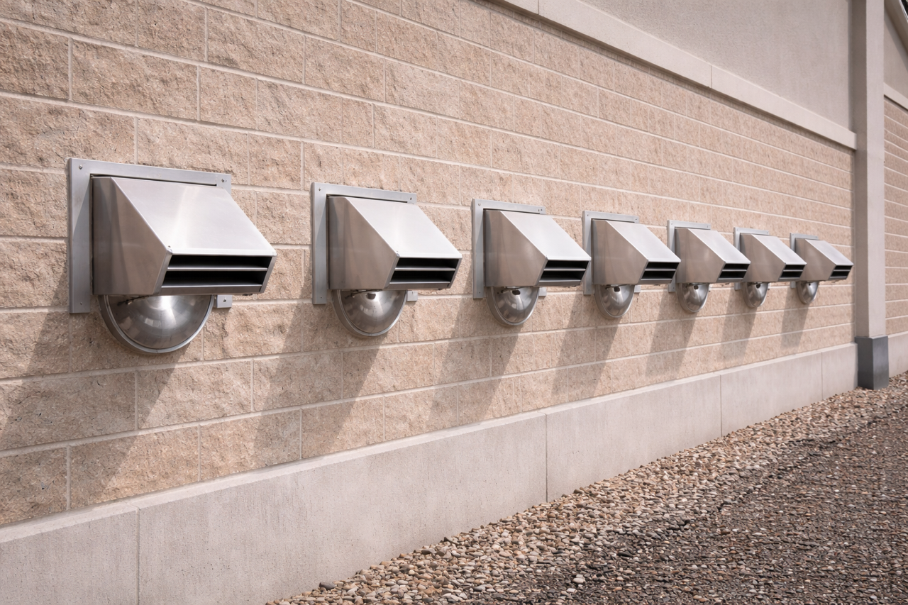 The outside of a commercial property with dryer vents