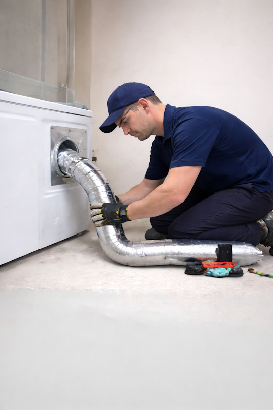 Man in blue uniform connects dryer vent hose to a white dryer.