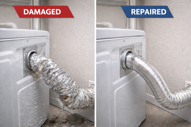 Comparison of a damaged and repaired dryer vent hose: left shows crushed hose, right shows a smooth, new hose.