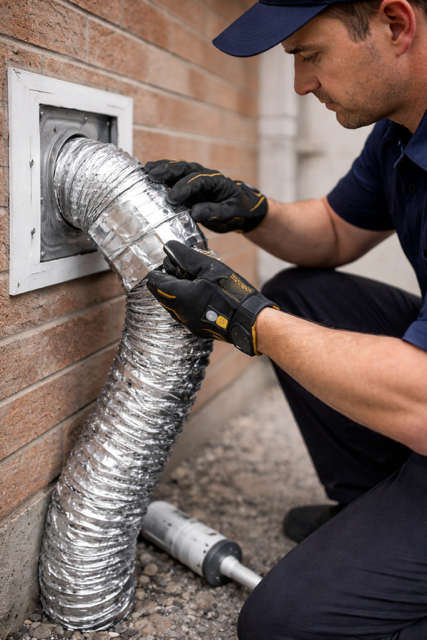 Technician repairing a dryer vent outside 