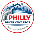 Circular logo: Philly Dryer Vent Pros. Silver vent hose emitting blue streaks toward a city skyline, red and blue text.