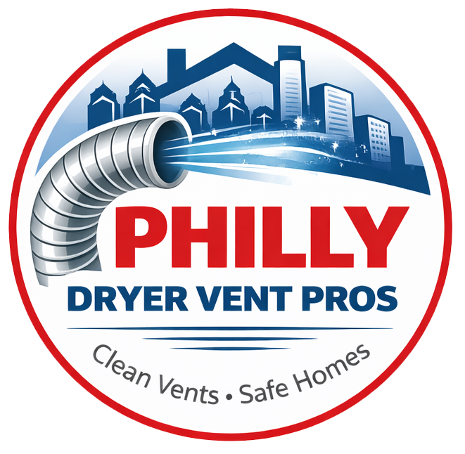 Circular logo: Philly Dryer Vent Pros. Silver vent hose emitting blue streaks toward a city skyline, red and blue text.