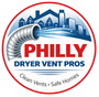 Circular logo: Philly Dryer Vent Pros. Silver vent hose emitting blue streaks toward a city skyline, red and blue text.