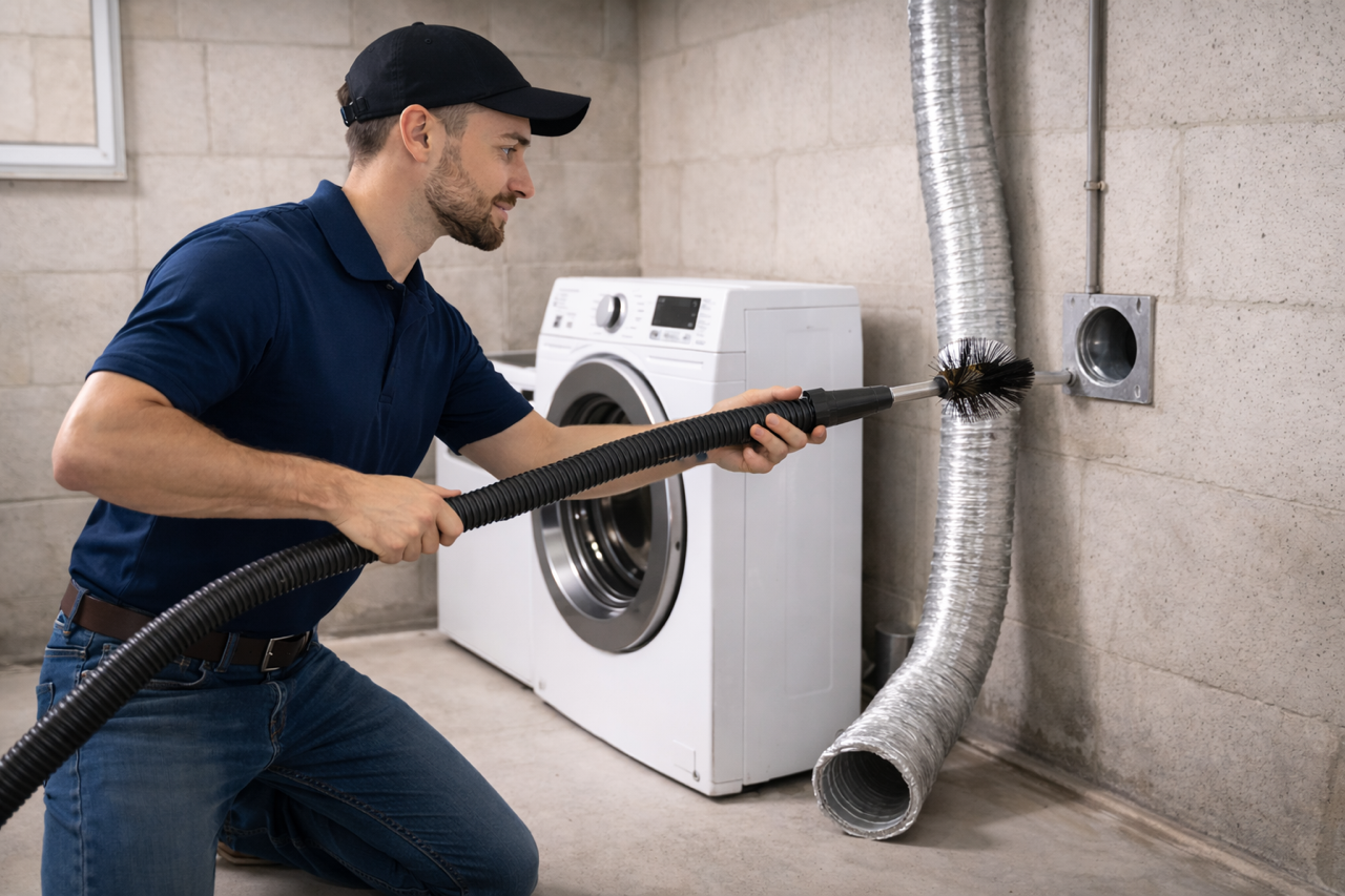 Technician cleaning a dryer vent