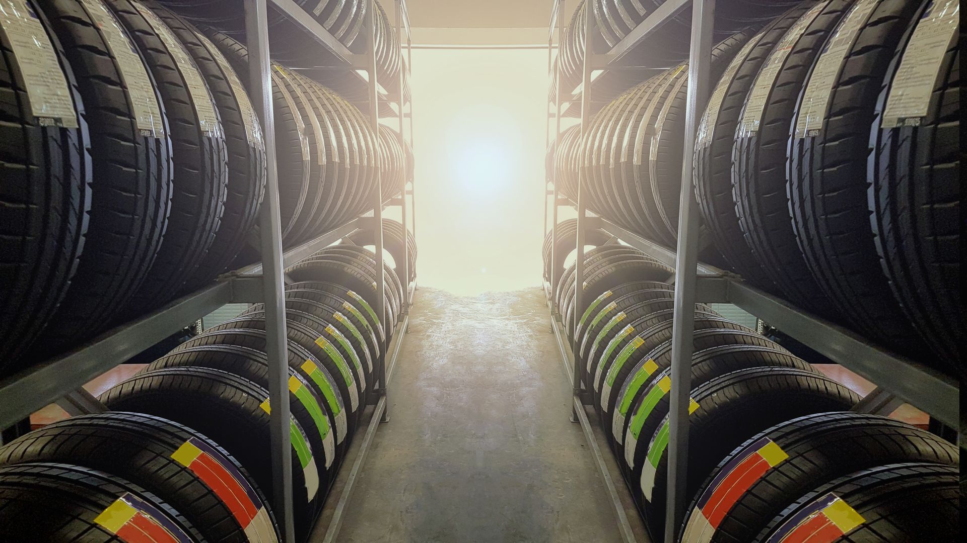 Warehouse filled with stacked tyres, showcasing various sizes & types for storage and distribution.