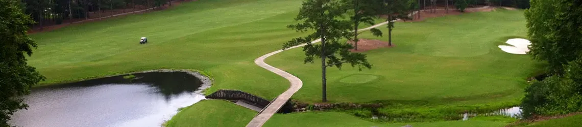 An aerial view of a golf course with a pond and trees.