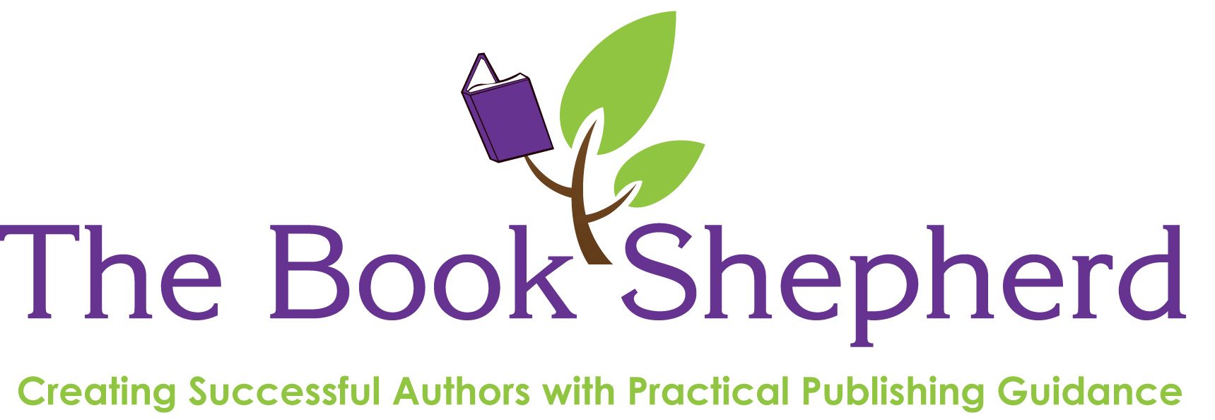 A logo for the book shepherd with a purple flower and green leaves