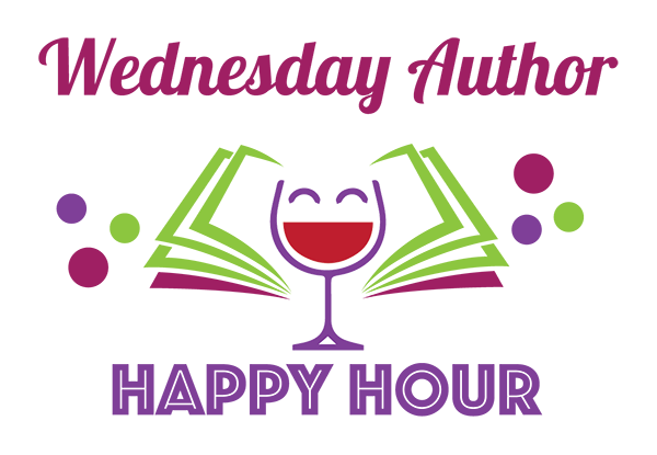 A wednesday author happy hour logo with a book and a glass of wine