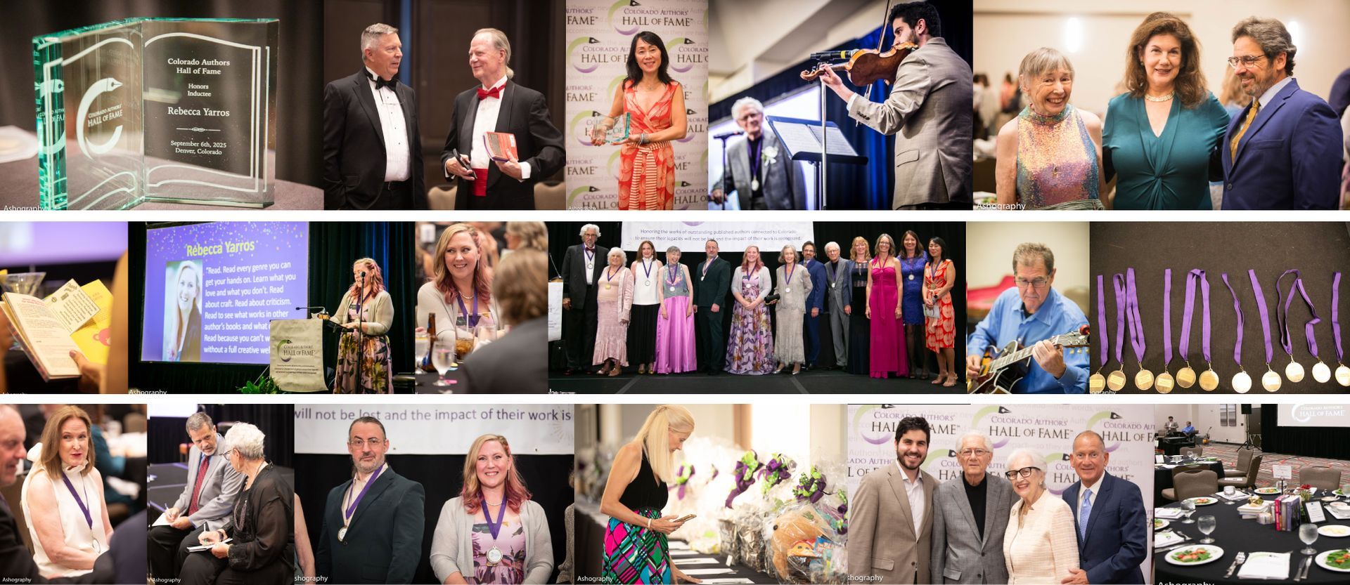 A collage of photos of people including a man in a gold suit