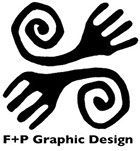 A black and white logo for f + p graphic design with two hands and swirls.