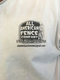 A white t-shirt featuring the All American Fence Company logo and contact email.