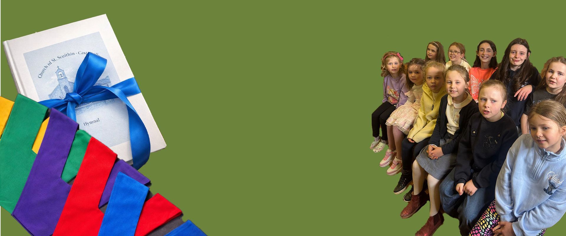 Colorful gift bags on the left and a row of seated children on the right against a green background