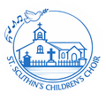 St. Cuthin’s Children’s Choir logo: blue church, dove, music notes, and circular text on white background