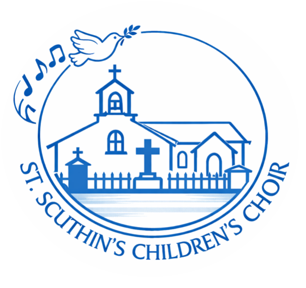 St. Cuthin’s Children’s Choir logo: blue church, dove, music notes, and circular text on white background