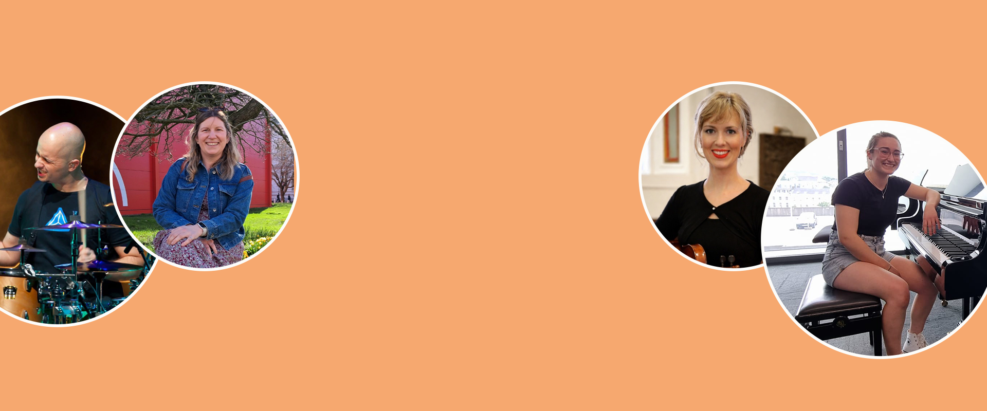 Four small circular profile photos on a peach background, showing people in indoor settings.