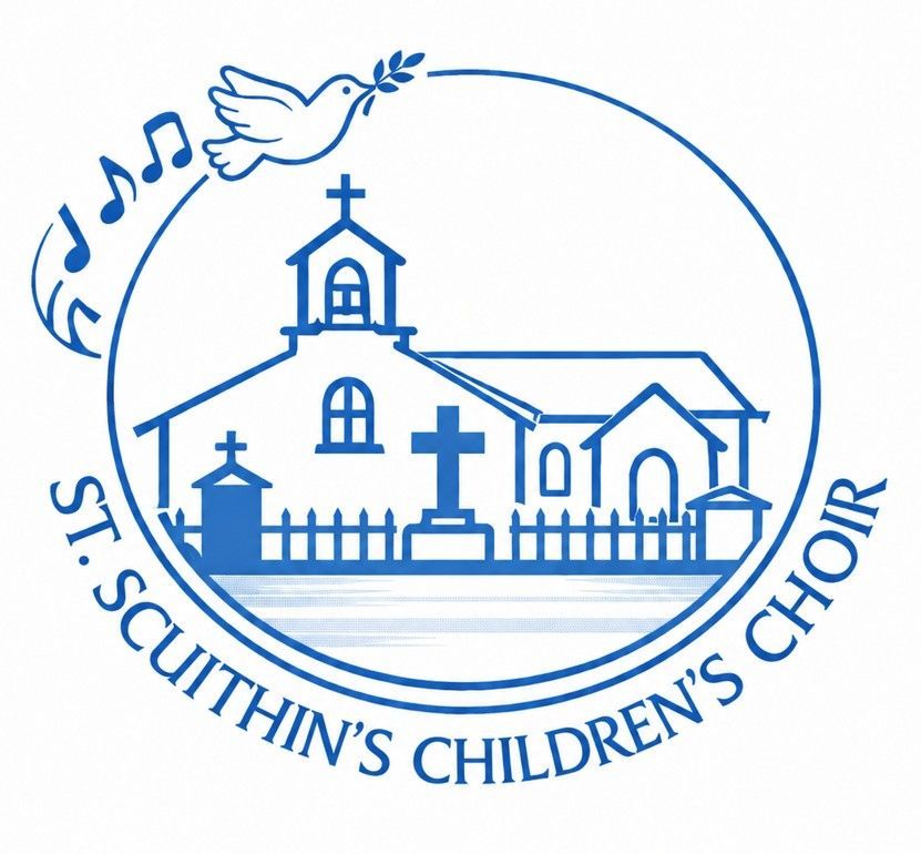 St. Cuthin’s Children’s Choir logo: blue church, dove, music notes, and circular text on white background