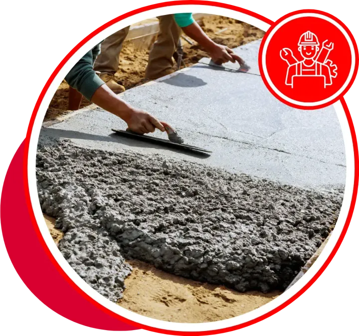 Workers smoothing wet concrete with trowels on a construction site. Red circle with a construction icon.