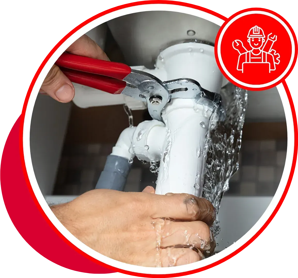 A plumber fixing a leaky sink with red pliers; water is flowing. A red circle logo is in the upper right.