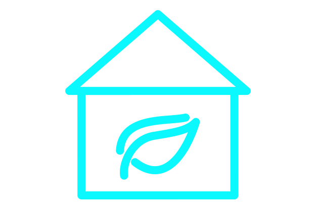 A blue icon of a house with a leaf on it.