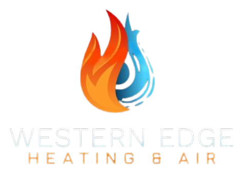 Western Edge Heating & Air logo with orange flame and blue water droplet icon on white background