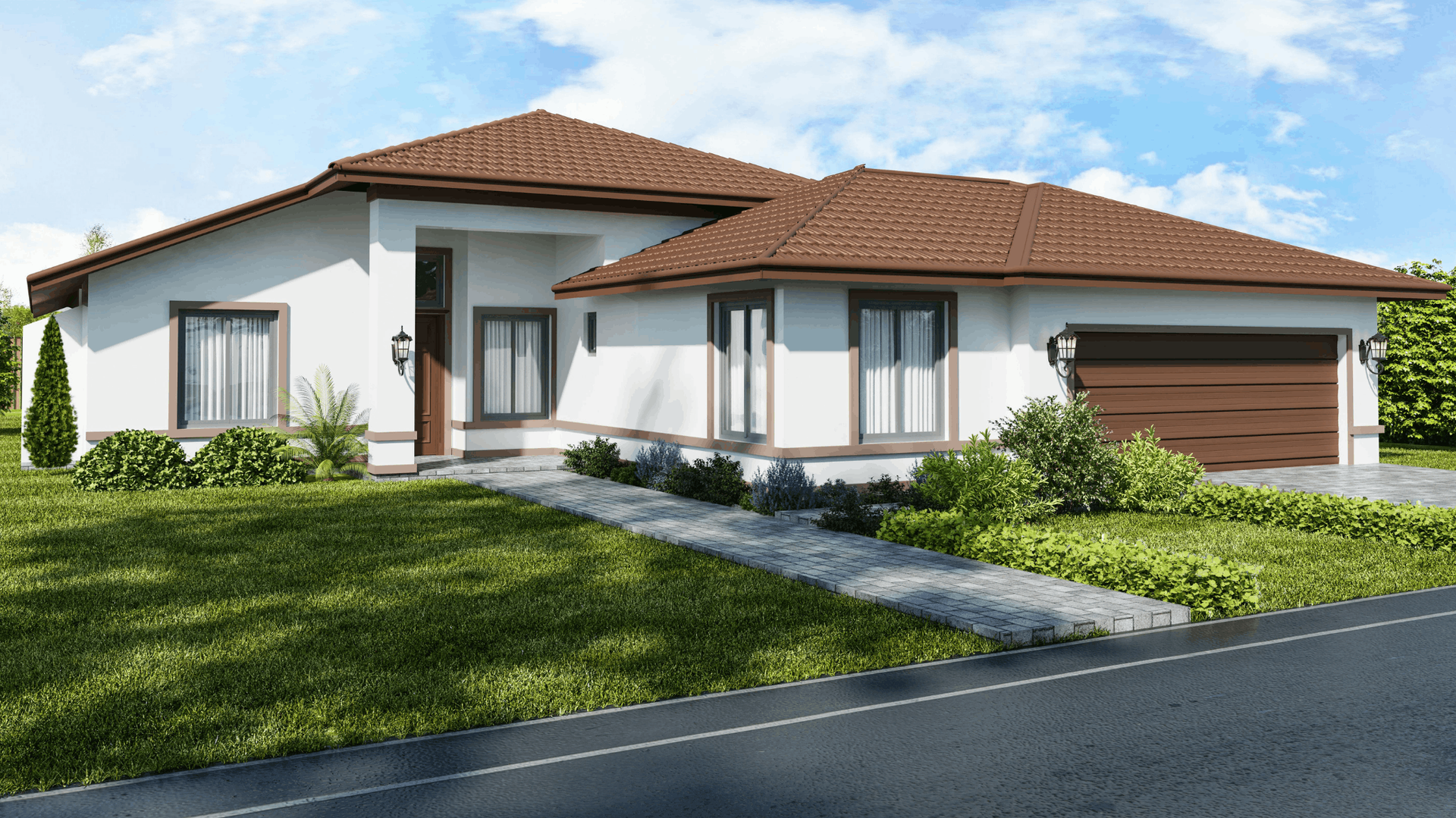 White stucco house with brown roof and garage door, pathway to entrance — C&A Roofing In Boambee East, NSW