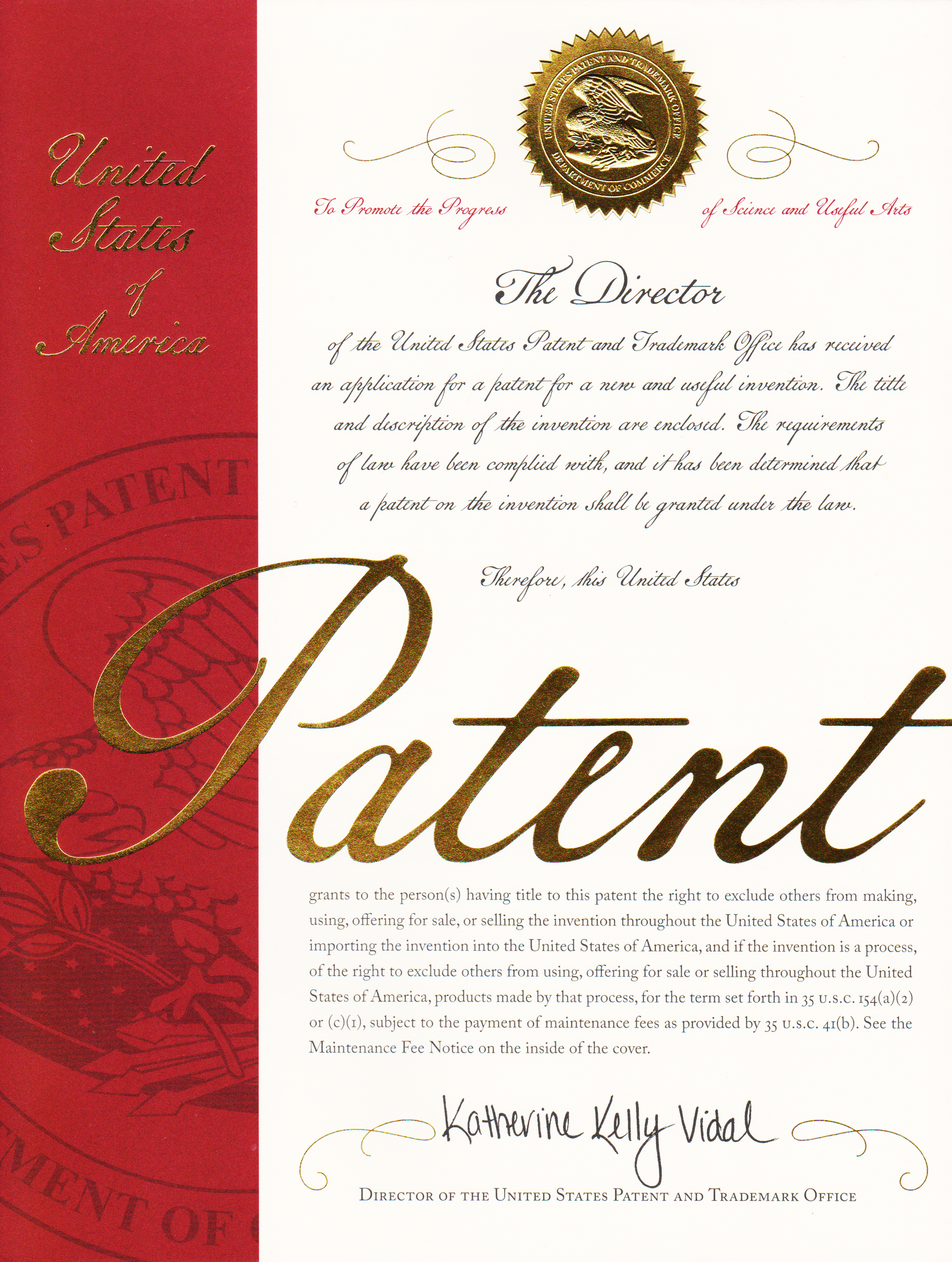 Brevetto negli Stati Uniti d'America, Fascicolo del brevetto rilasciato, Copertina
