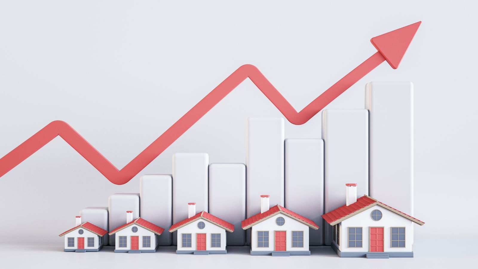 A row of houses are lined up next to a graph with an arrow pointing up.