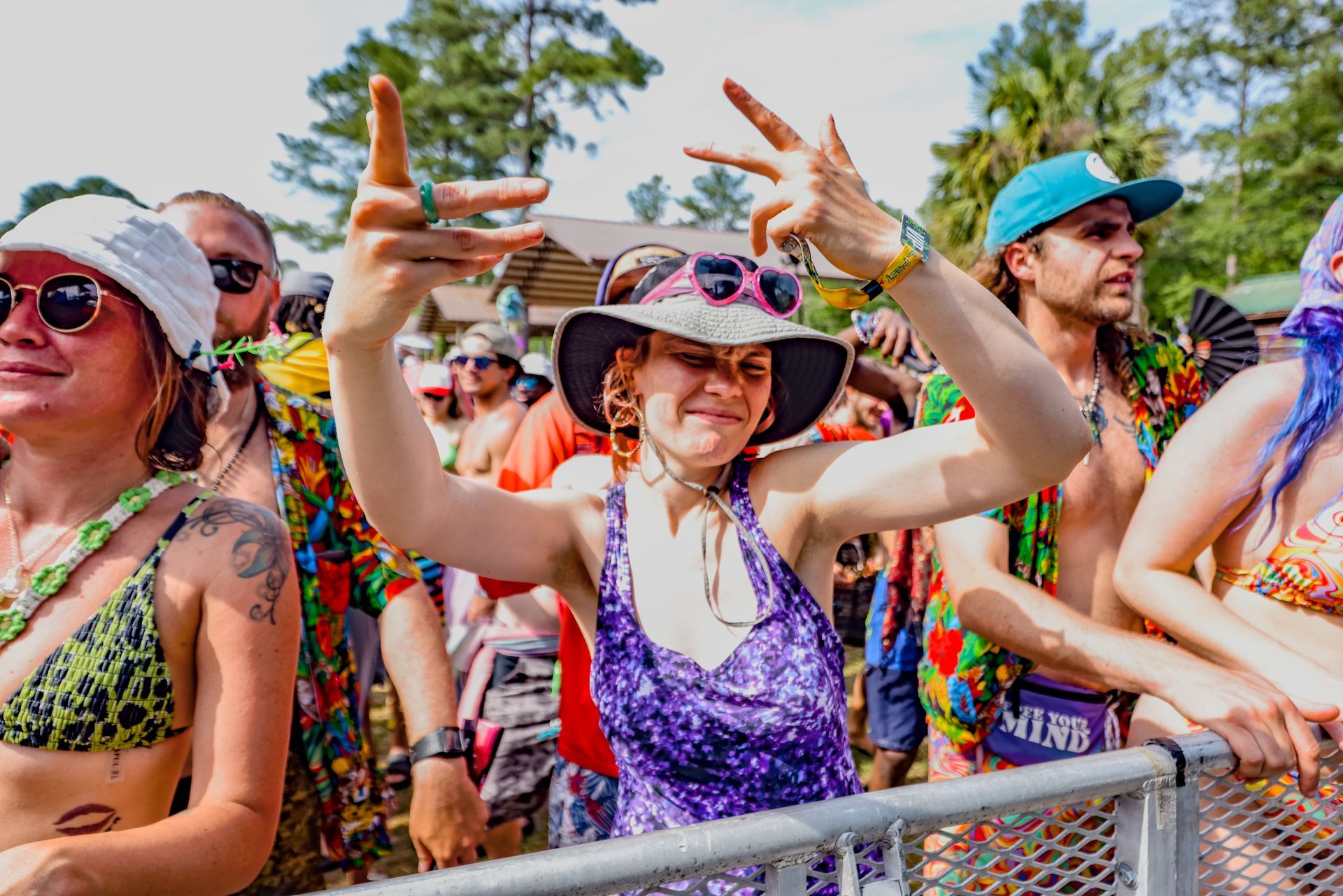 A group of people are standing around a fence at a festival.