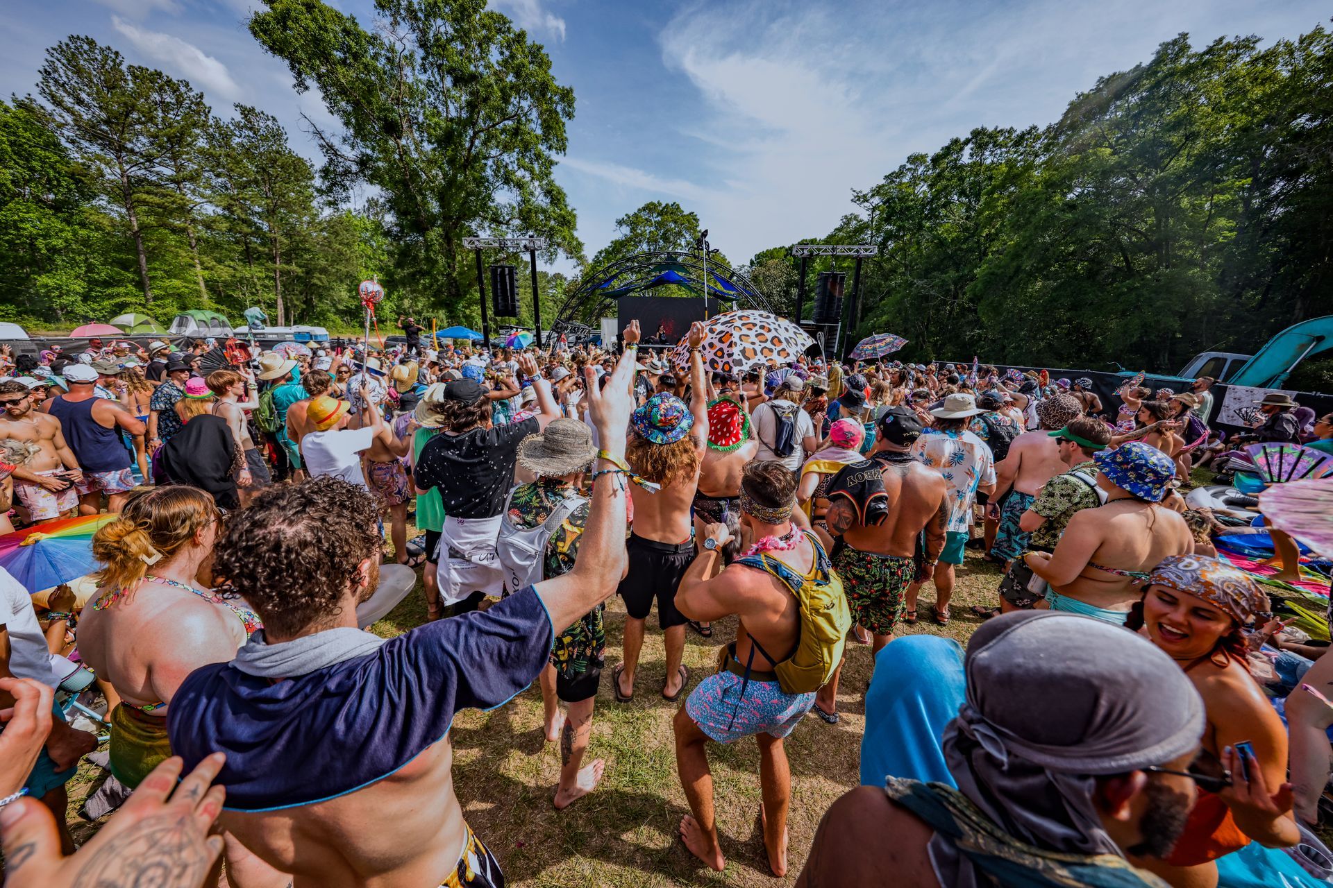 A large group of people are standing in a field at a festival.
