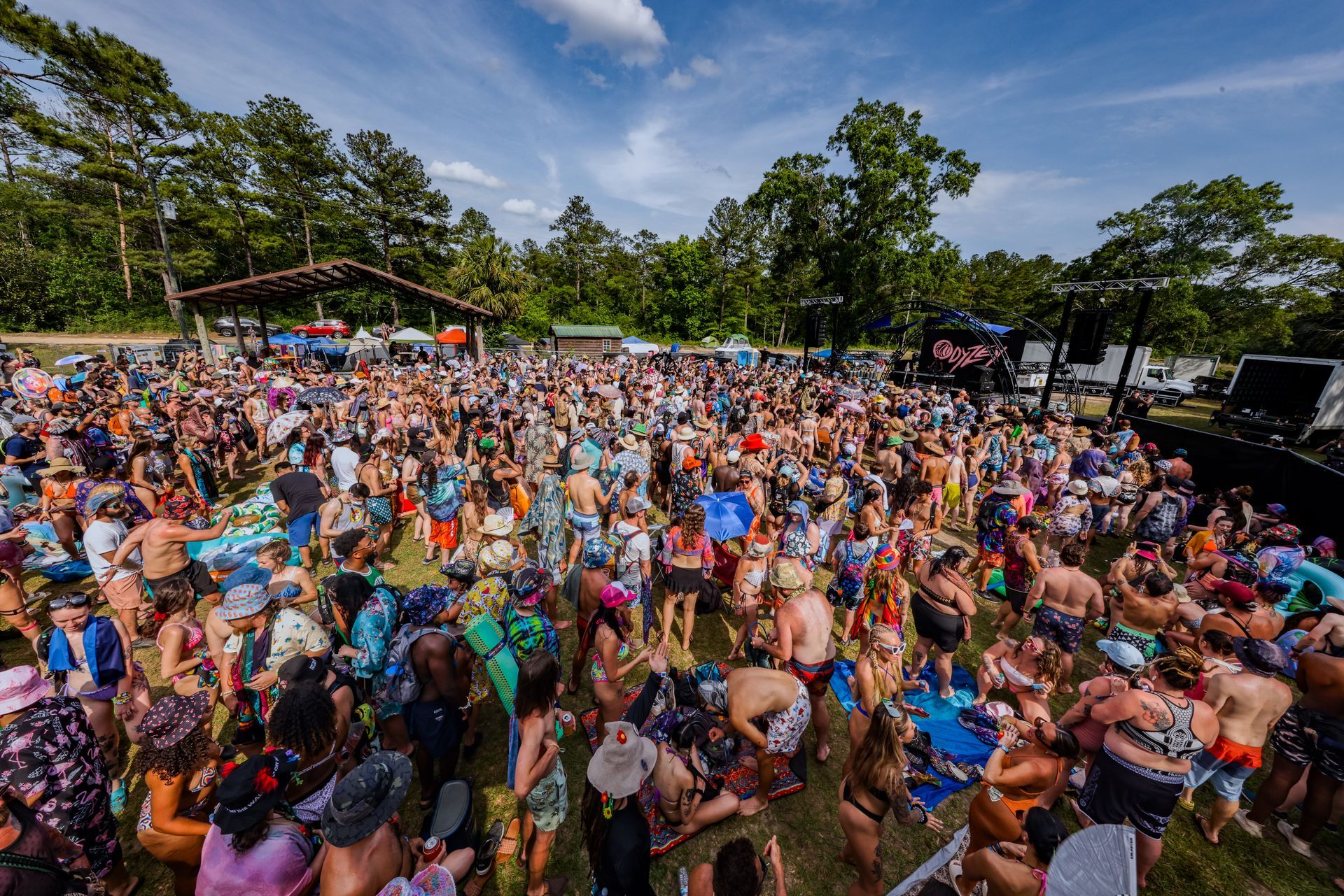 A large crowd of people are gathered in a park.