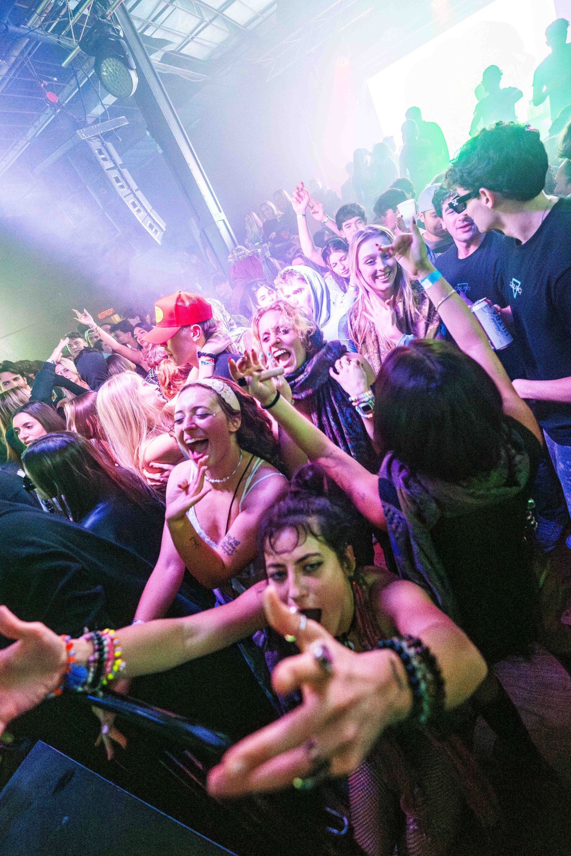 A crowd of people are dancing at a concert.