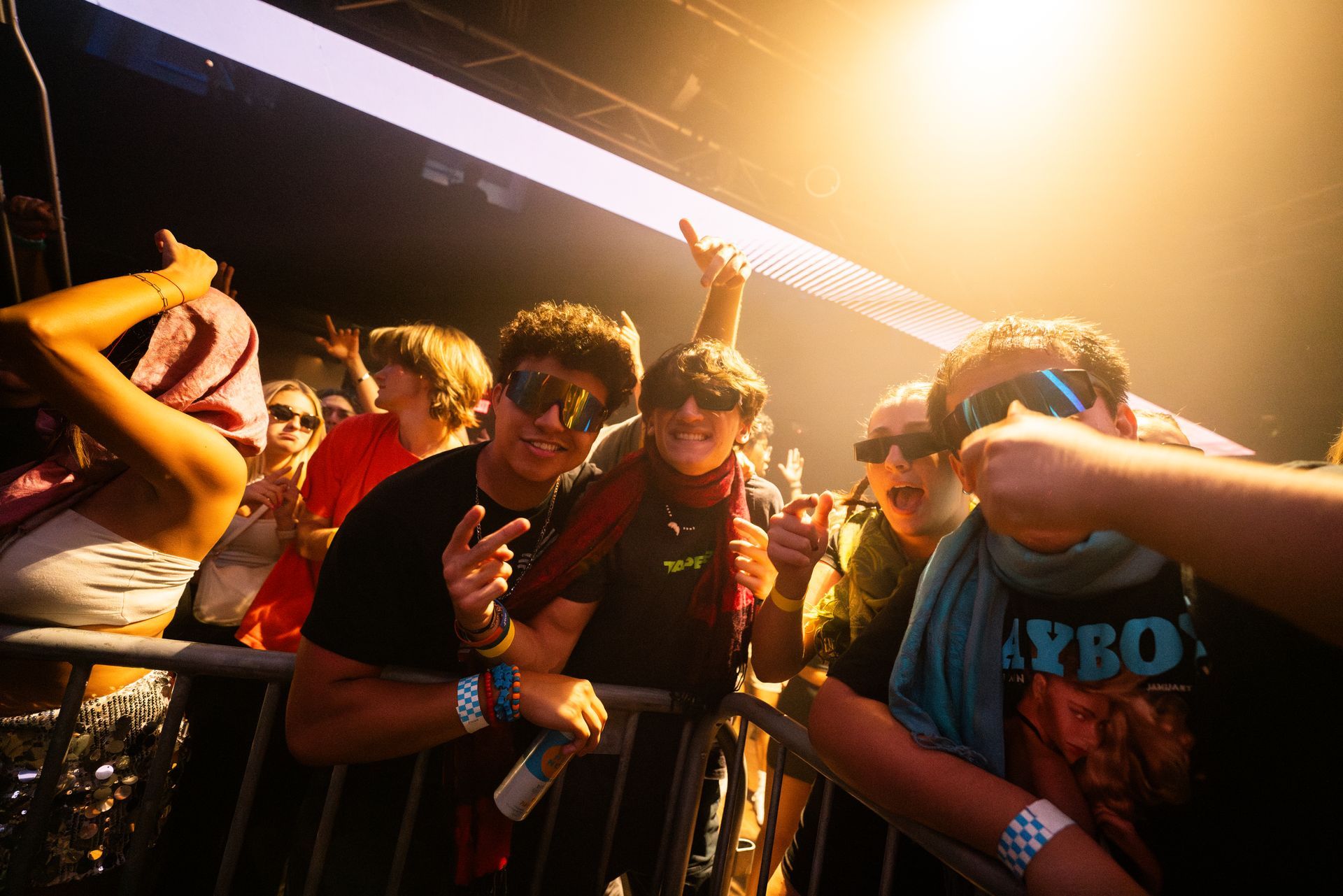 A group of people are standing behind a fence at a concert.