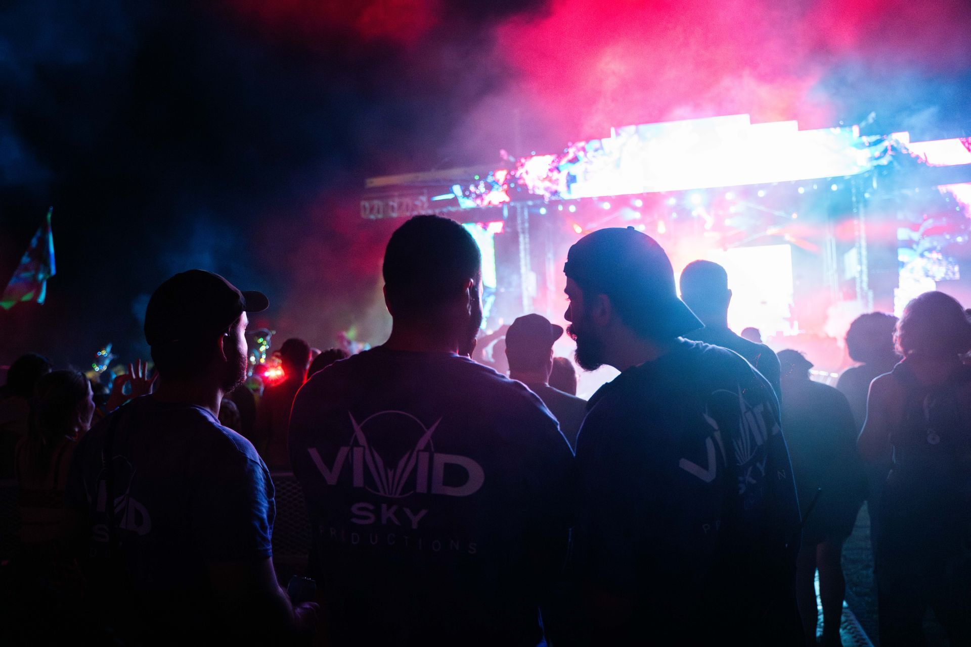A group of people are standing in front of a stage at a concert.