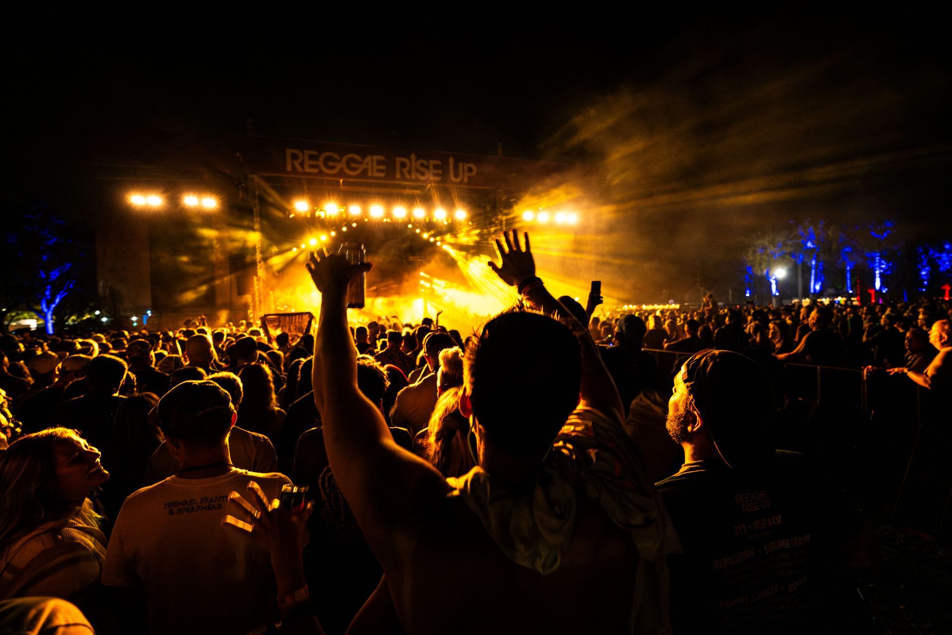 A crowd of people at a concert with their hands in the air.