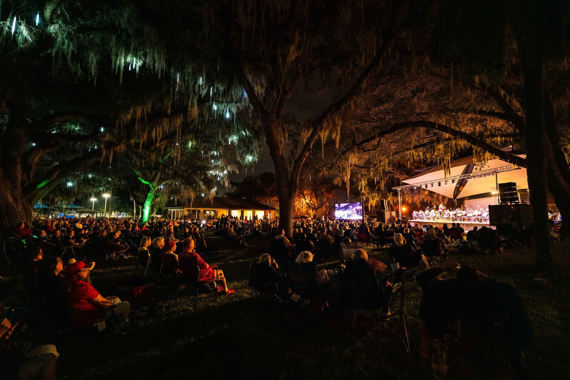 A crowd of people are sitting under trees in front of a stage at night.