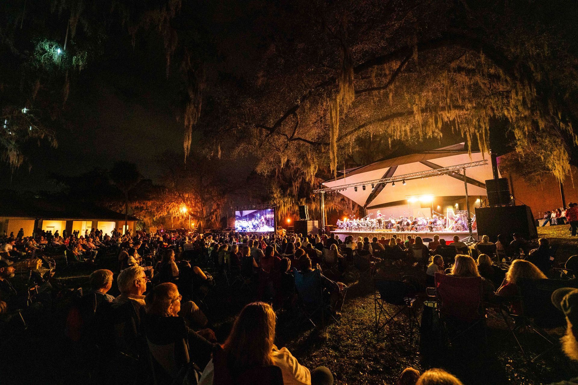 A crowd of people are watching a concert at night.
