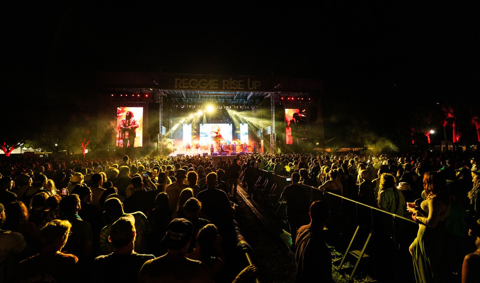 A crowd of people are watching a concert at night.
