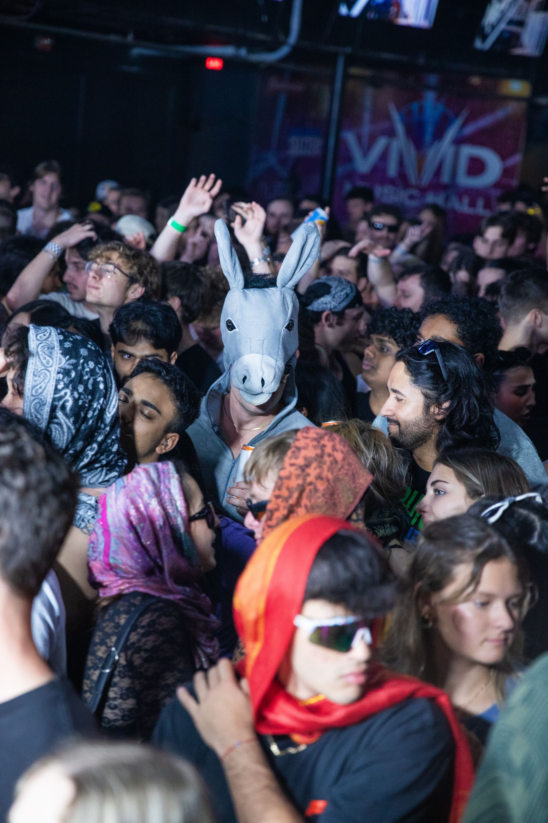 A crowd of people wearing donkey masks at a party