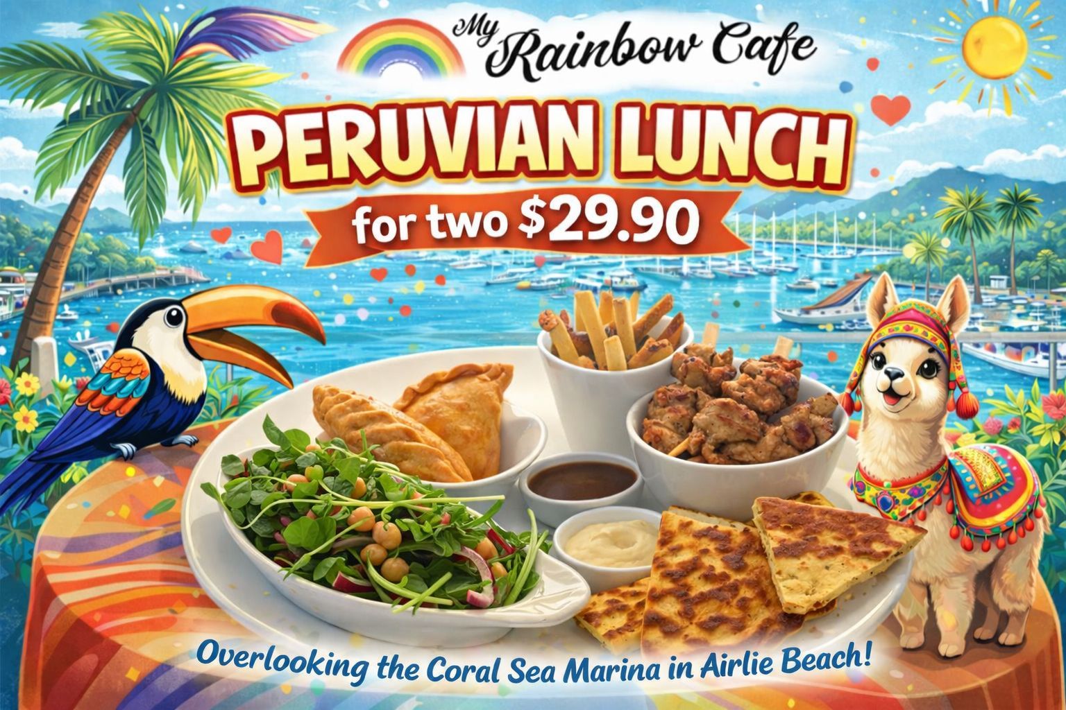 A Promotional Ad for a Peruvian Lunch for Two at My Rainbow Cafe — My Rainbow Bakery, Cafe & Catering in Cannonvale, QLD