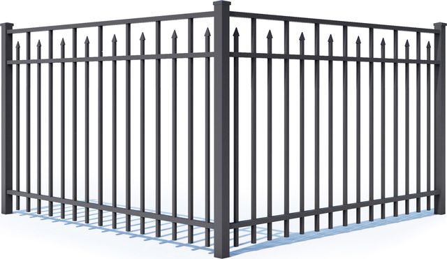 A black metal fence with a gate open on a white background.