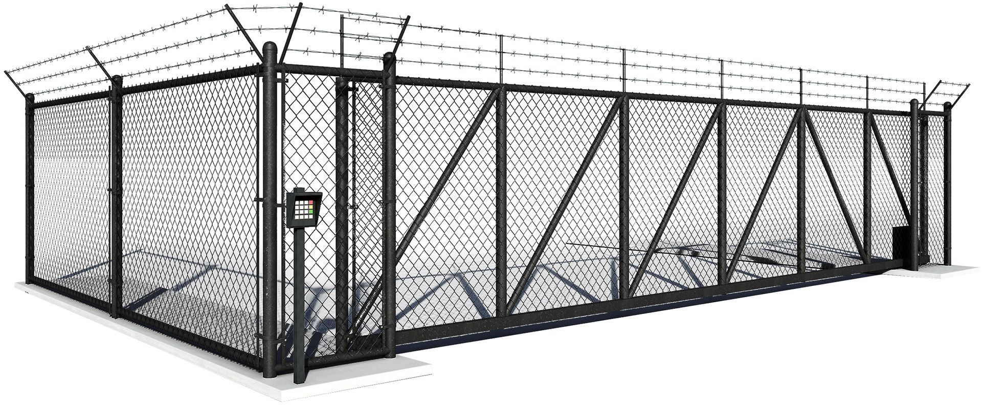 A black and white photo of a chain link fence with a gate.