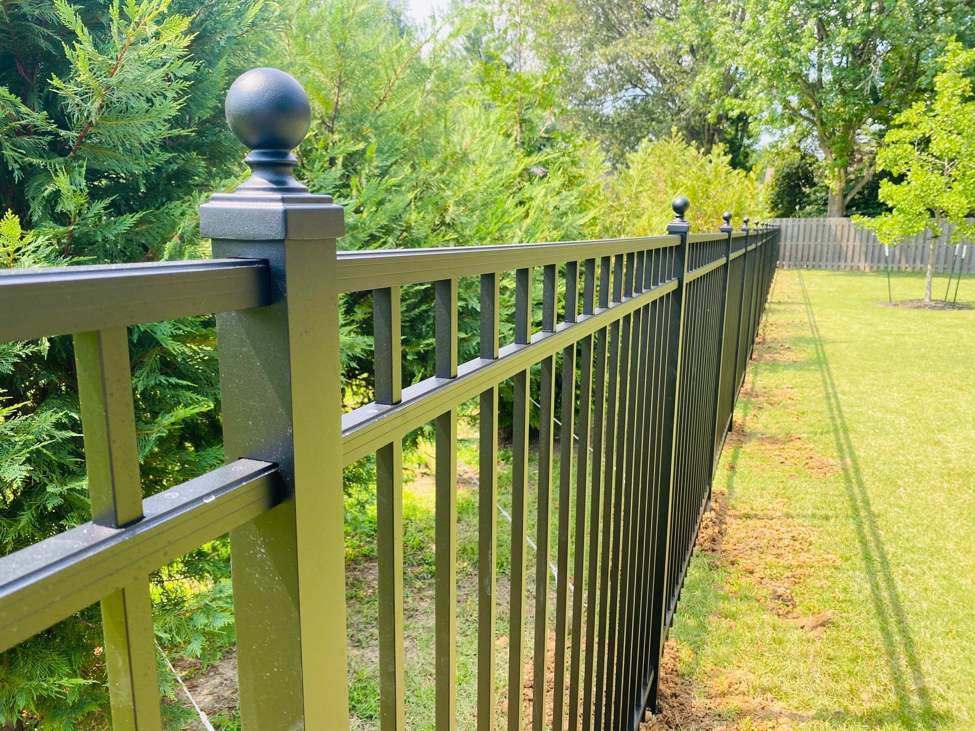 A black metal fence surrounds a lush green field.
