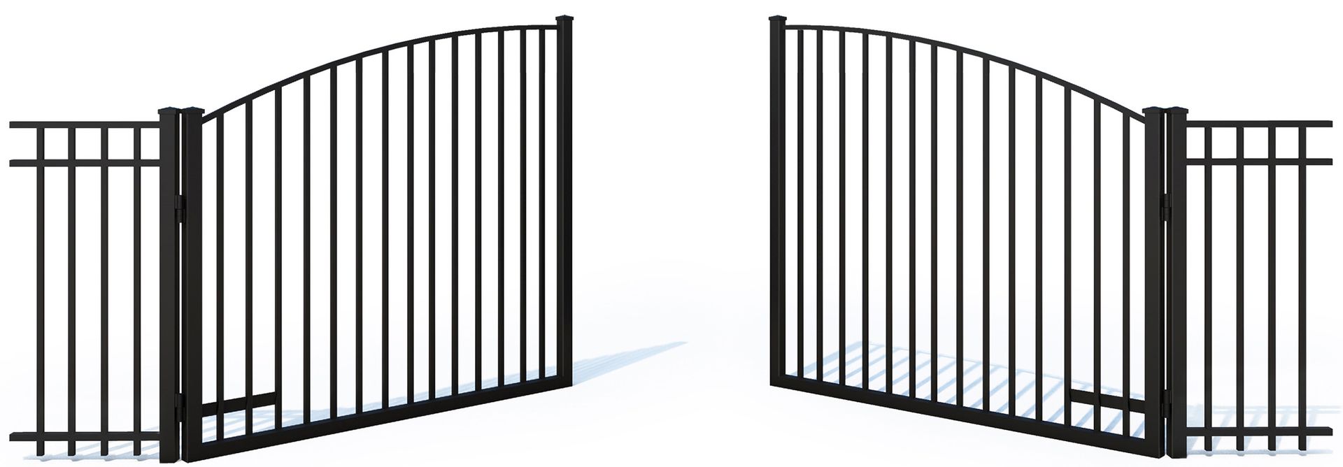 A black wrought iron gate is open and closed on a white background.