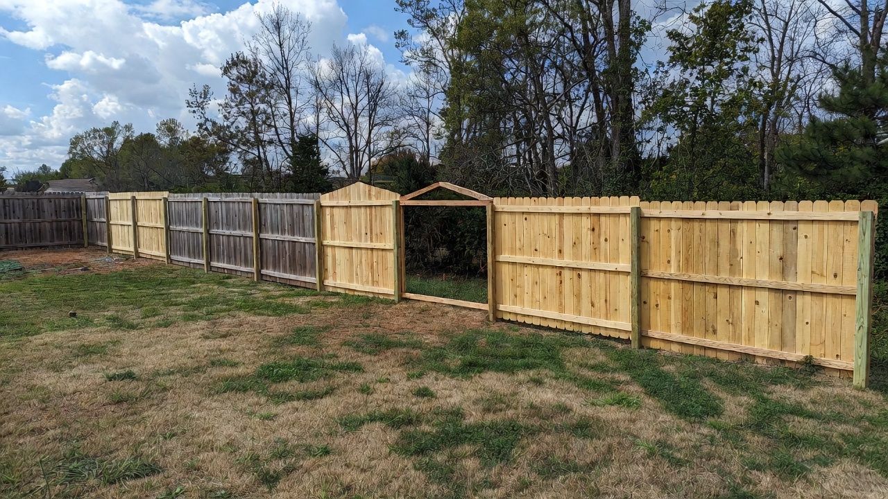 Wooden fence with arched gate in a grassy yard, under a partly cloudy sky.